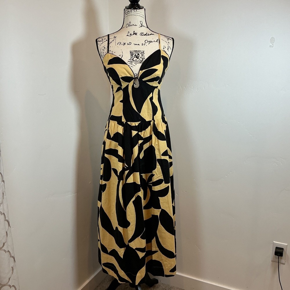 Mon Renn Surreal Midi Dress Women XS Yellow Black NWT Abstract‎ Floral MRS423004